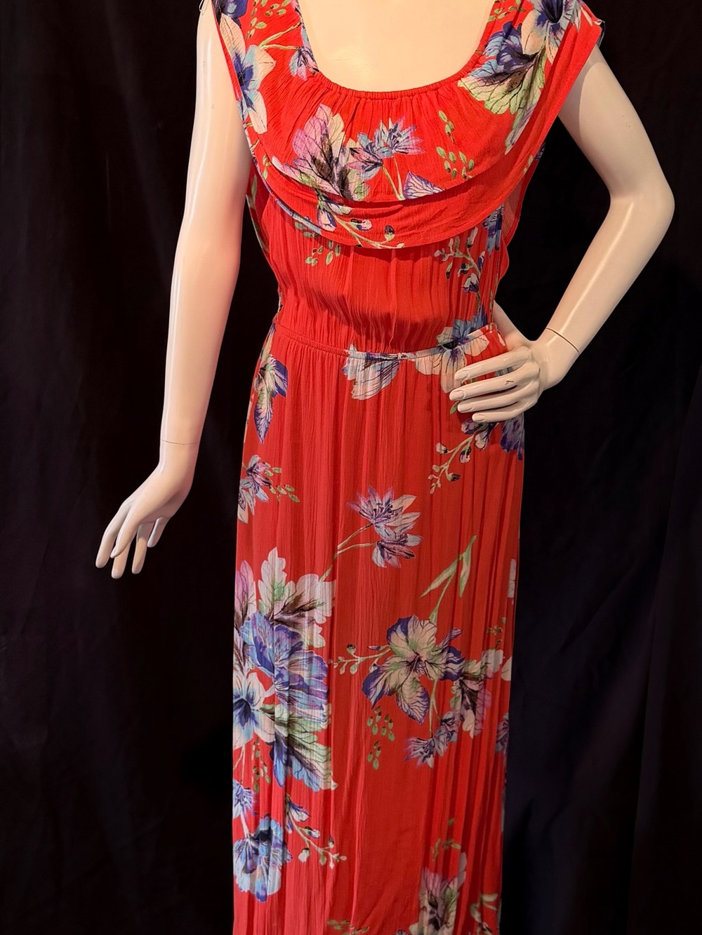 Red Floral Maxi Dress with Scoop Neck